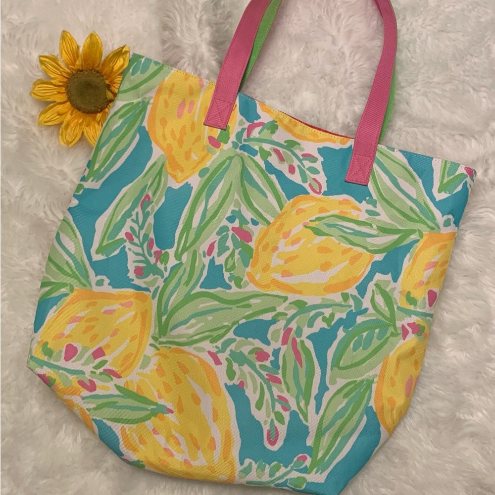 LILLY PULITZER for Estee Lauder Tropical lemon print canvas tote bag VVGUC+++